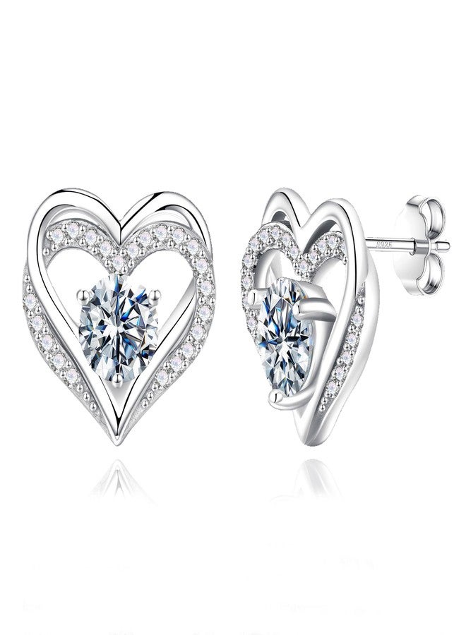 MOOSEA Moissanite Stud Earrings for Women, 18K White Gold Plated 925 Sterling Silver Brilliant Round Moissanite Earrings Heart Earrings for Women Bridesmaid Gifts Birthday Gifts for Women Wife Mom - Image 1